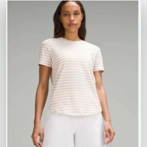 Lululemon Love Crew Neck T-Shirt Subtle Stripe‎ White/Tan Size Small Curved Hem